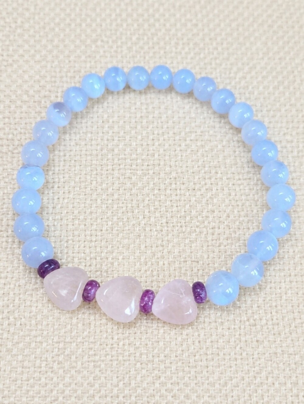 Blue Chalcedony, Rose Quartz & Lepidolite Beaded Bracelet | Handmade